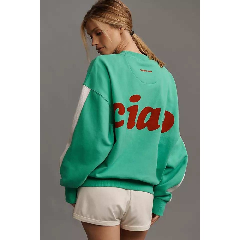 Araminta James Ciao Sweatshirt Green White Stripe Graphic Crewneck Pullover M